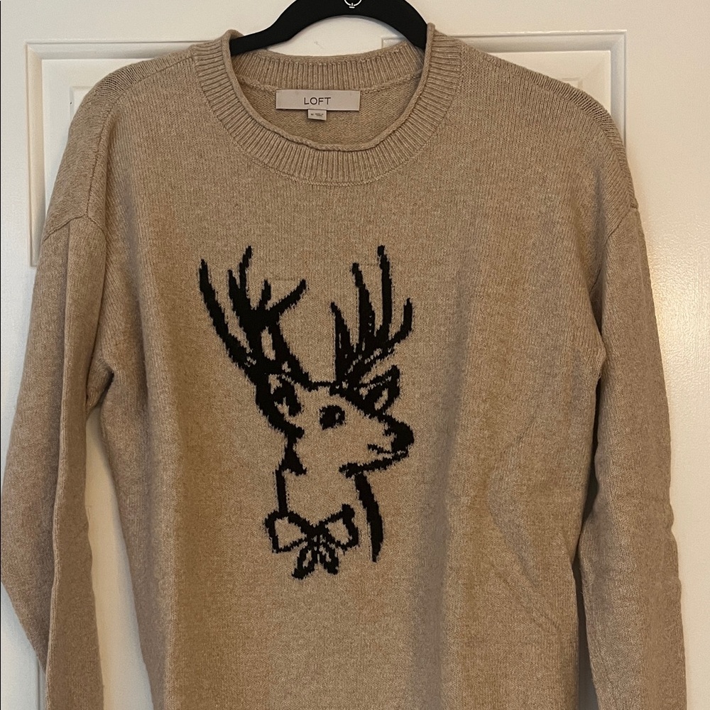 LOFT Beige Sweater with Black Reindeer Design